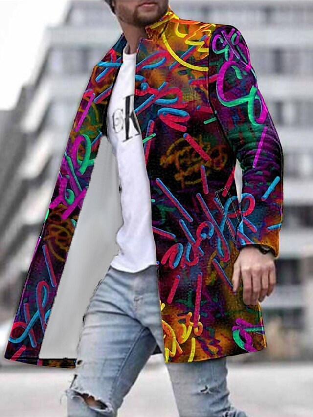  Herr Grafiska tryck Graffiti Vinterkappa Rock Kappa Håller värmen Andningsfunktion Bekväm Mode Streetwear Affär Arbete Klä till Jobbet Utekväll Ficka Mönster Höst vinter Nedvikt Långärmad Gul Purpur