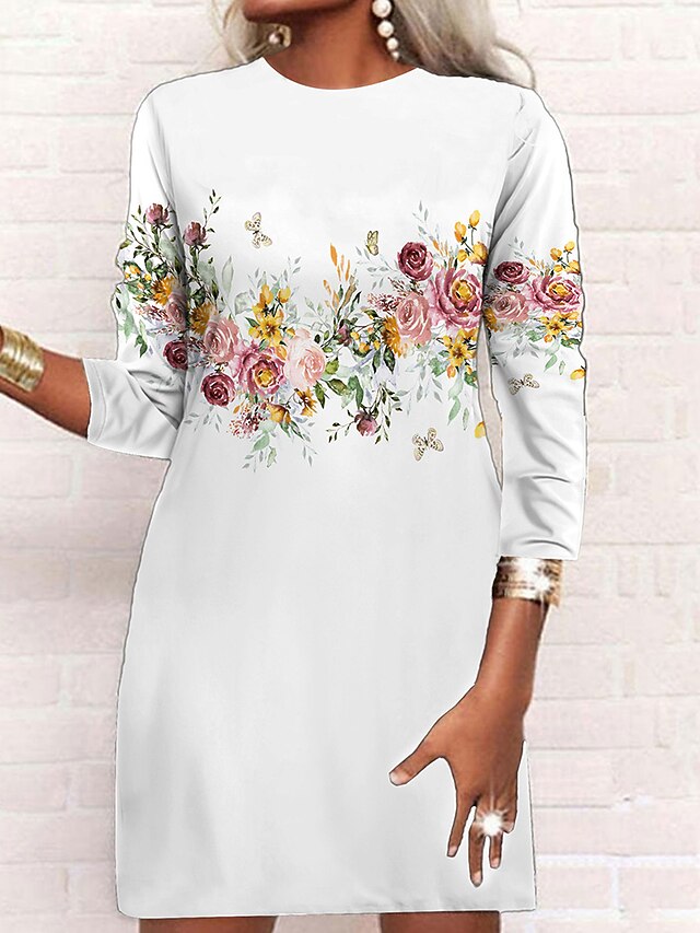 Women's Casual Dress Winter Dress Floral Print Crew Neck Mini Dress
