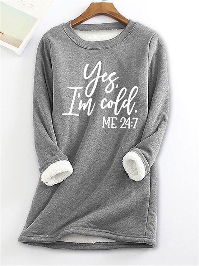 Women's Fleece Lined Pullover Sweatshirt Pajamas Yes Im Cold Letter Warm Comfort Soft Long Sleeve Crew Neck Home Daily Bed Gray Fall Winter4