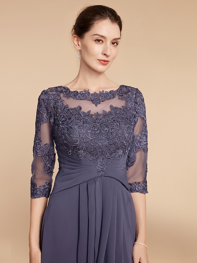 A Line Mother Of The Bride Dress Wedding Guest Elegant Scoop Neck Ankle Length Chiffon Lace 34 3276