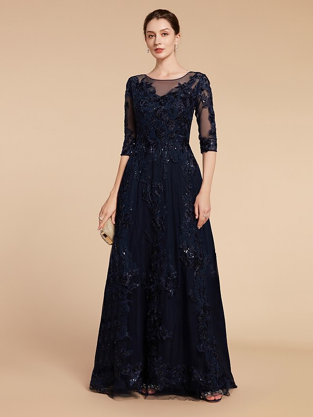 A-Line Mother of the Bride Dress Elegant Luxurious Jewel Neck Floor ...