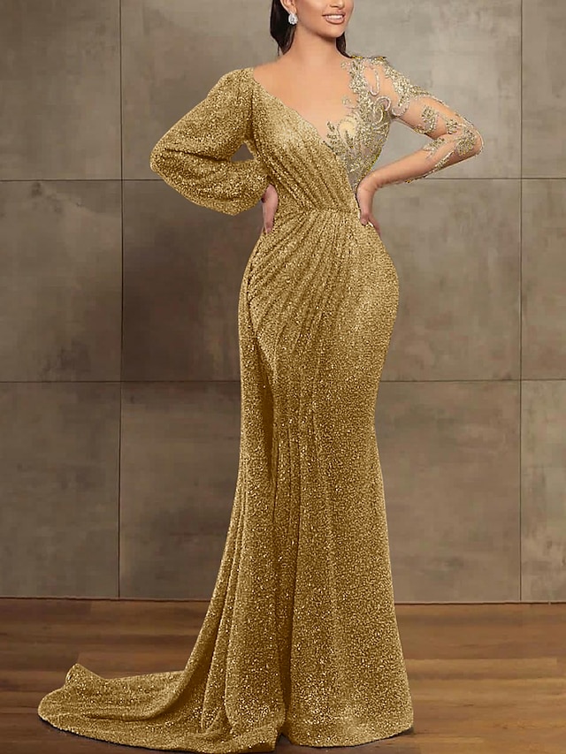  παγιέτα γοργόνα / βραδινό φόρεμα τρομπέτας σαμπάνια χρυσό κομψό φόρεμα επίσημο κόκκινο πράσινο φόρεμα δικαστήριο τρένο μακρυμάνικο λαιμό ψευδαίσθηση με παγιέτες με πιέτες 2024