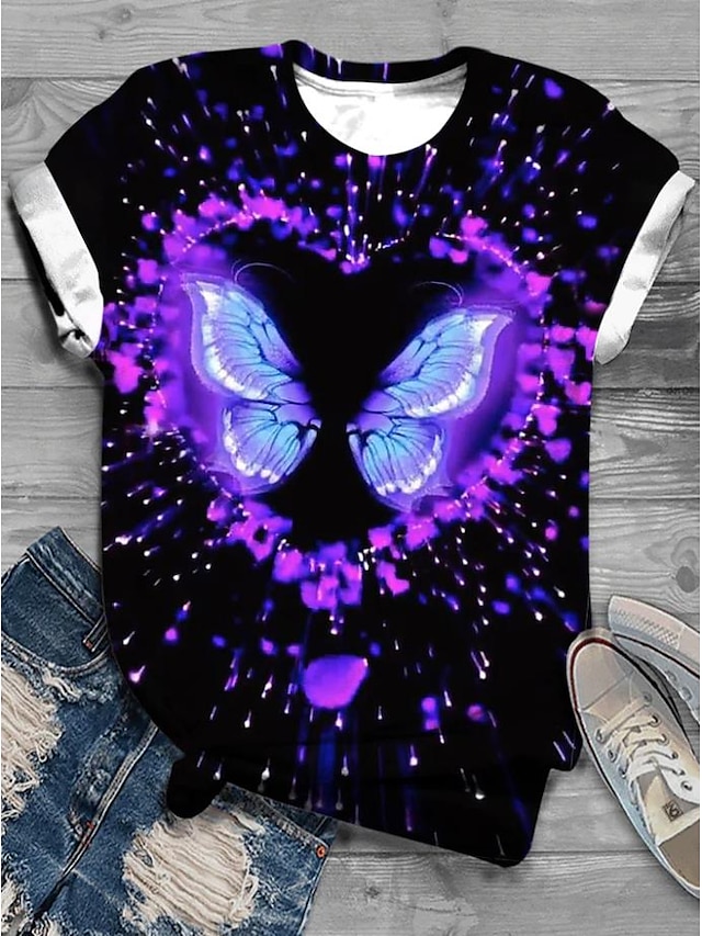  tricou dama modă imprimeu fluture mânecă scurtă topuri obișnuite gât rotund weekend zilnic negru bleumarin portocaliu kaki bej primăvară & vară