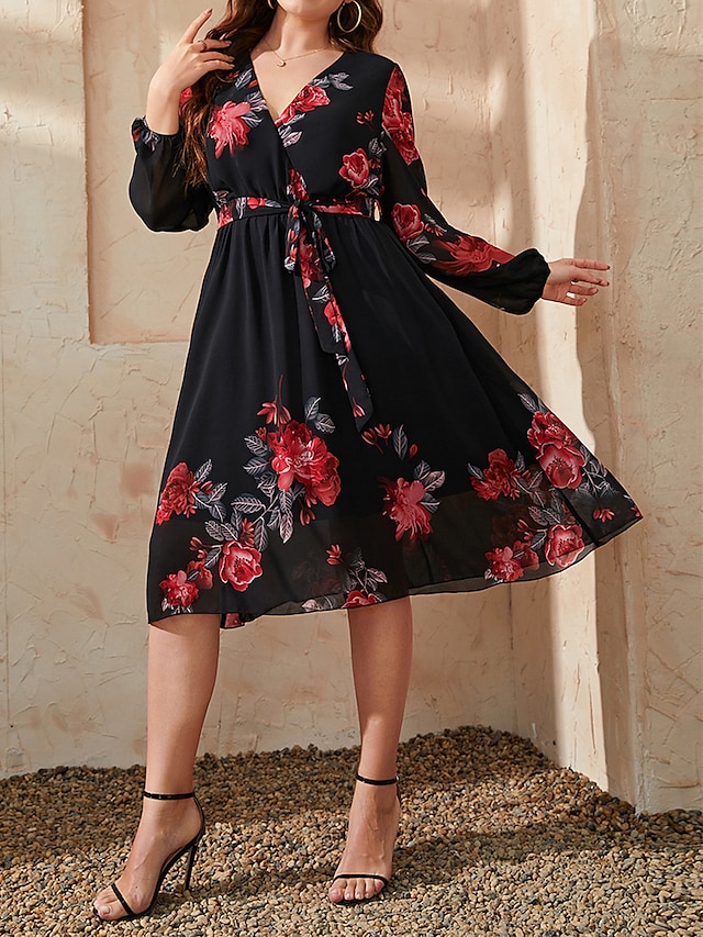  Női Extra méret Ív hétköznapi ruha Swing ruha Virágos Midi ruha Hosszú ujj Nyomtatott Fűzős V-alakú Divat Napi Fekete Ősz Tél XL 2XL 3XL 4 XL