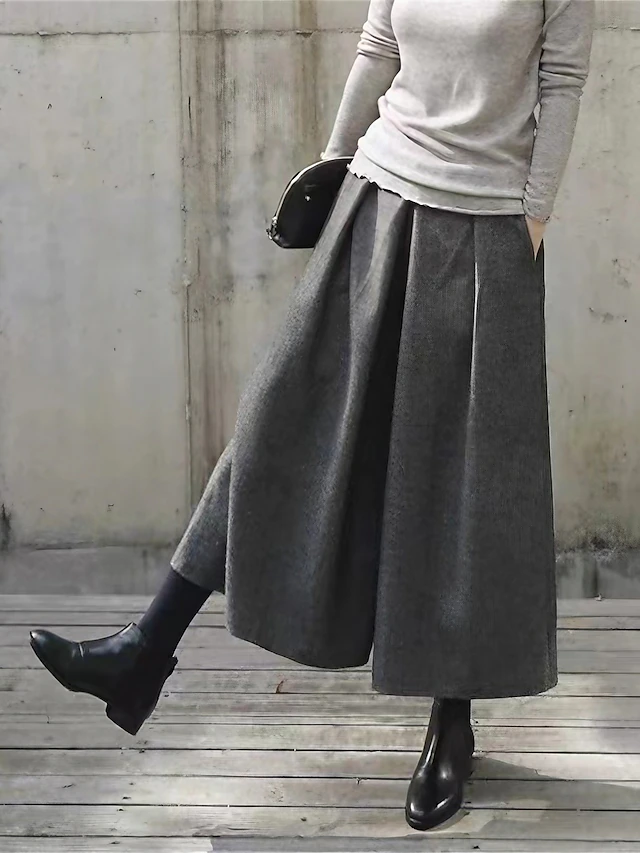 Women's Wide Leg Cropped Pants Fashion Streetwear Ankle-Length High Waist Plain Pleated High Cut Comfort Breathability Soft Micro-elastic Vacation Street Daily Dark-Gray Black Fall Winter 9