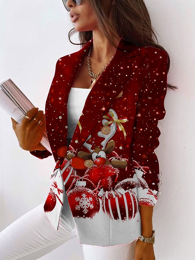 Women's Christmas Blazer Elk Xmas Snowflake Jacket Red Party Vintage Outerwear Long Sleeve Fall