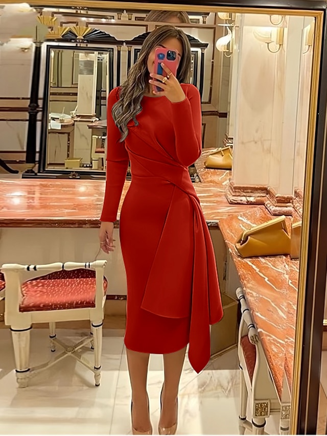  Sheath Formal Dress Cocktail Dresses Elegant Elegant Dress Red Green Dress Formal Fall Knee Length Long Sleeve Jewel Neck Stretch Fabric with Pleats Ruched 2024