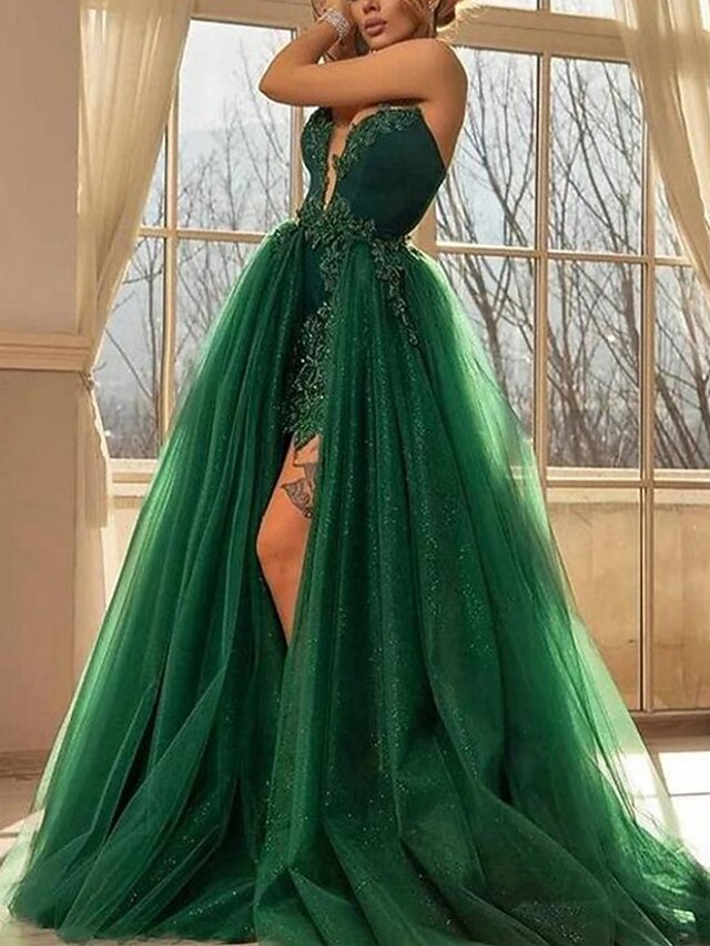 A-Line Evening Gown Elegant Dress Formal Sweep / Brush Train Christmas Red Green Dress Sleeveless V Neck Satin with Pleats Ruched main image 0
