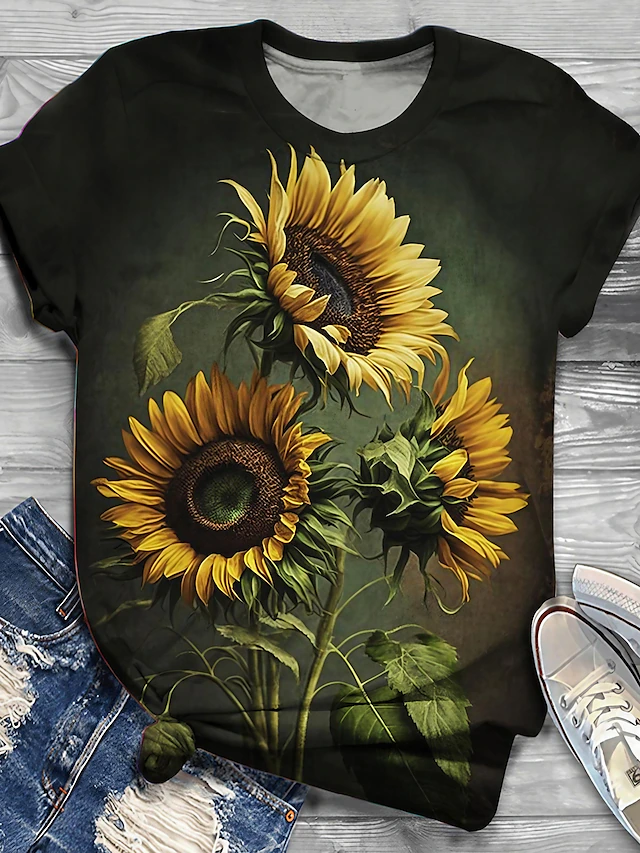 Women's T Shirt Fashion Sunflower Print Short Sleeve Regular Tops Round Neck Holiday Weekend Black Blue Green Khaki Spring & Summer 9