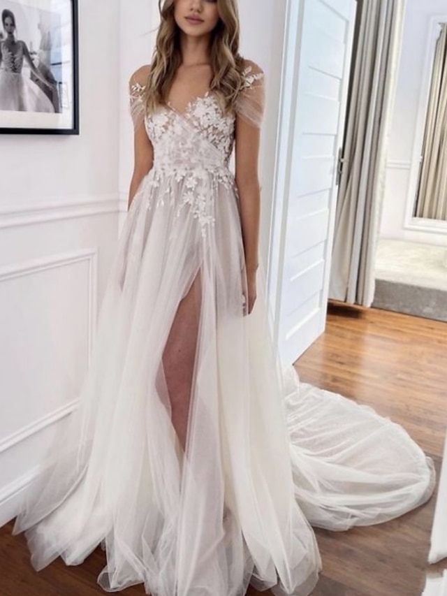 Beach Formal Wedding Dresses A Line V Neck Short Sleeve Court Train   Yjfxmv1700818997054 