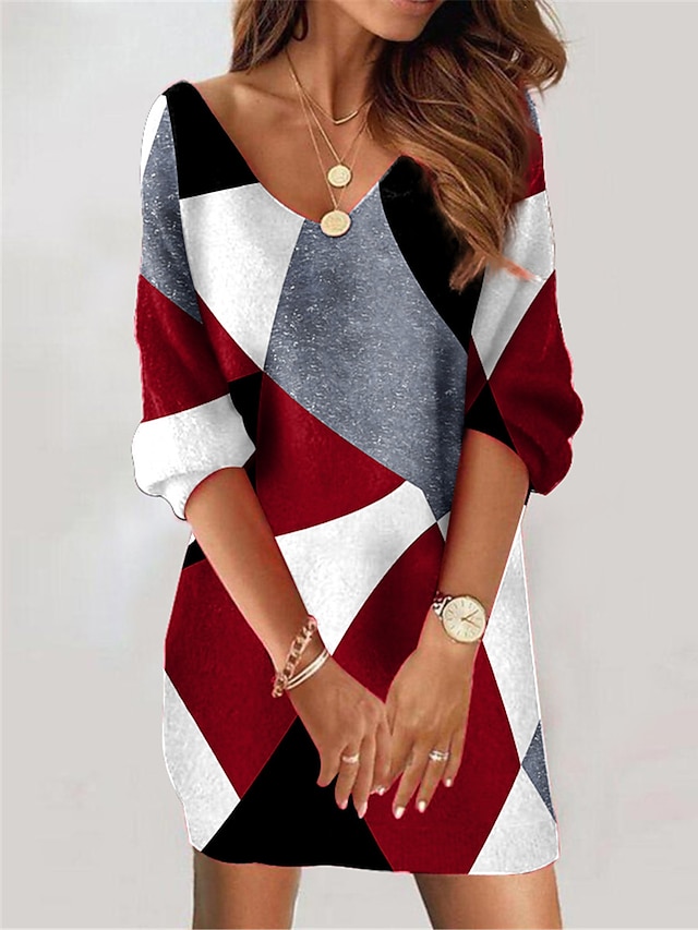  Damen Sweatshirt-Kleid Casual kleid Minikleid Warm Aktiv Outdoor Neujahr Festtage V Ausschnitt Bedruckt Geometrisch Farbblock Lockere Passform Wein Blau Purpur S M L XL XXL