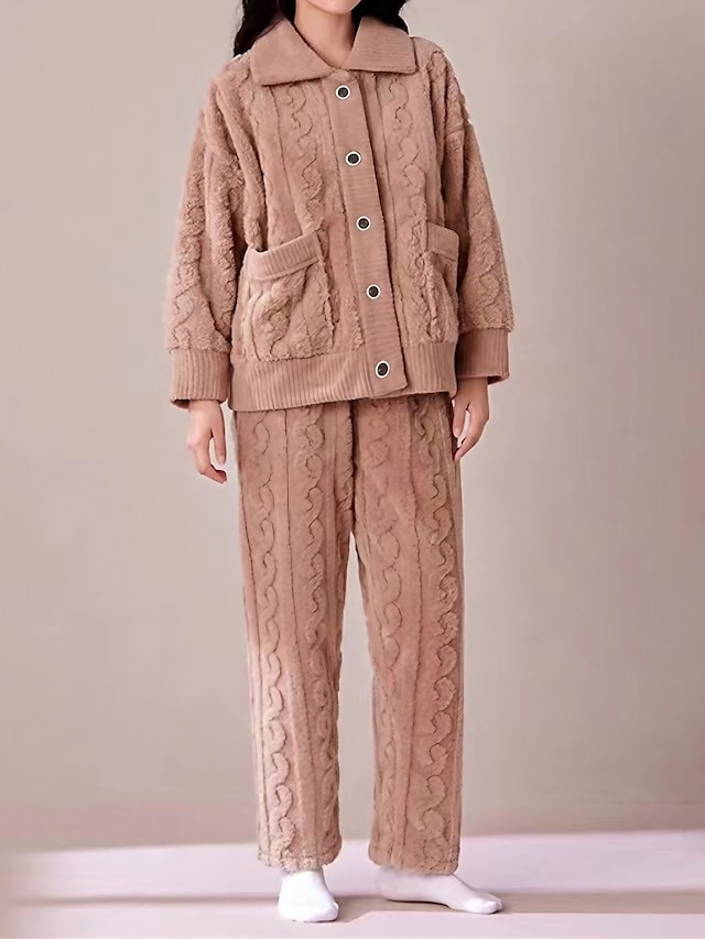  fleece pyjamasset för kvinnor varm fluffig luddig ren färg plysch avslappnad komfort hemsäng flanell varm ventilerande lapel långärmad skjorta byxknappficka höst vinter rosa blå
