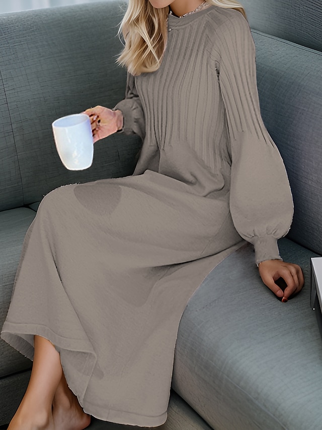  Women's Sweater Dress Knit Dress Jumper Dress Midi Dress Knitwear Fashion Daily Pure Color Outdoor Daily Vacation Going out Crew Neck Long Sleeve Ruched Patchwork 2023 Regular Fit Black khaki Apricot