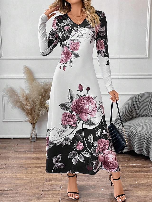  Women's Casual Dress A Line Dress Floral Print V Neck Long Dress Maxi Dress Daily Vacation Long Sleeve Fall Winter