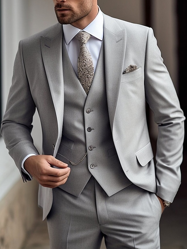  Trajes de graduación para hombre, color gris claro, trajes de boda, color sólido, 3 piezas, diario, negocios, talla grande, un solo pecho, dos botones, 2024