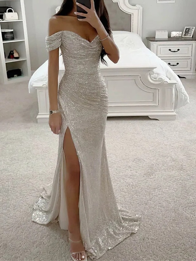  Mermaid / Trumpet Prom Dresses Sparkle Dress Formal Evening Party Sweep / Brush Train Sleeveless Cowl Neck Sequined with Ruched Sequin Slit 2024