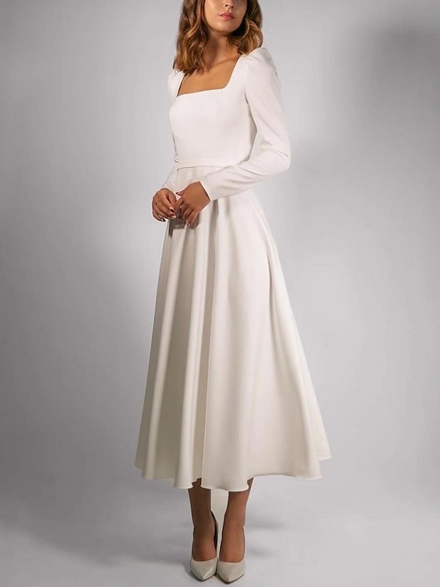  Mariage à la plage robes de mariage simples robes de mariage décontractées A-Line encolure carrée manches longues longueur thé tissu extensible robes de mariée avec plis couleur unie 2025