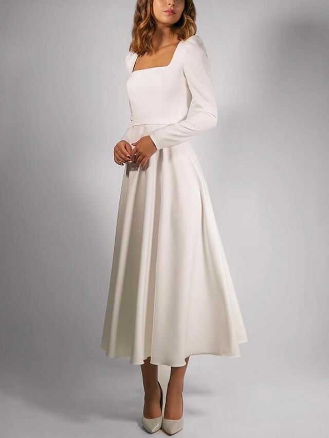 Beach Wedding Simple Wedding Dresses Casual Wedding Dresses A-Line Square Neck Long Sleeve Tea Length Stretch Fabric Bridal Gowns With Pleats Solid Color3