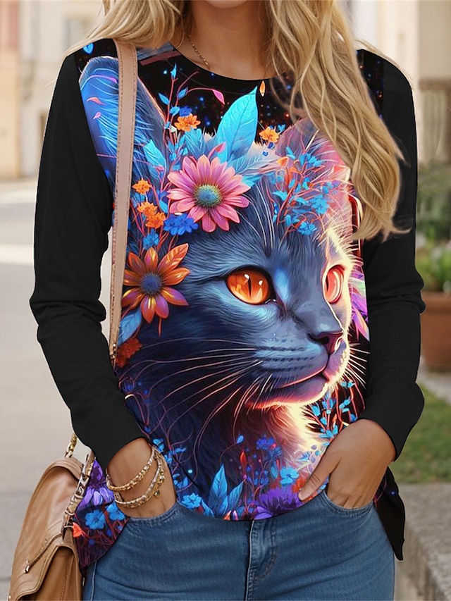  Women's T shirt Tee Cat 3D Print Daily Weekend Fashion Funny Long Sleeve Round Neck Blue Spring &  Fall
