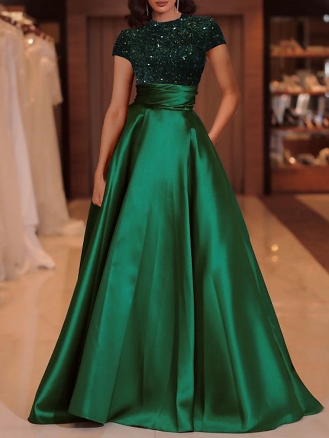  A-Line Evening Gown Elegant Dress Red Green Dress Floor Length Short Sleeve High Neck Satin with Sequin 2024