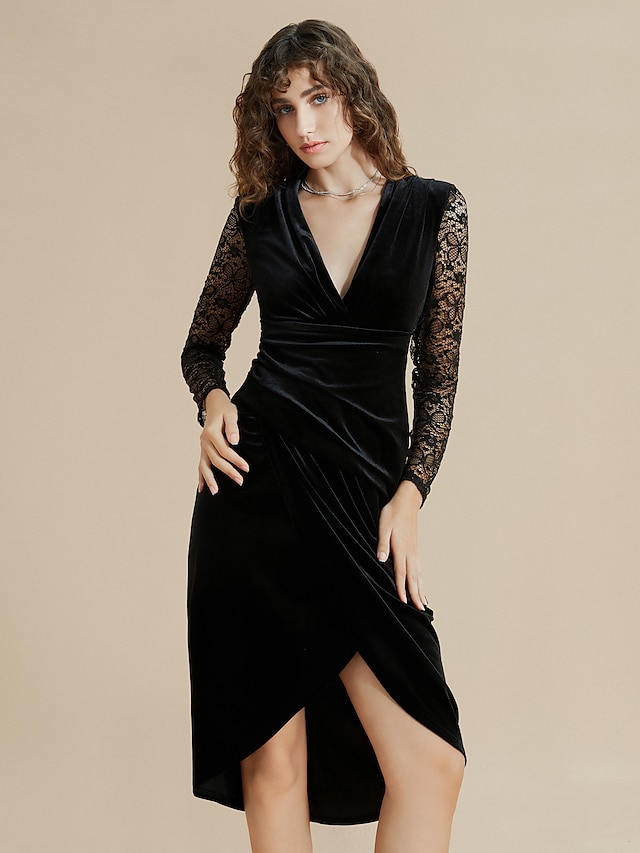  Women's Velvet Dress Party Dress Lace Dress Midi Dress Black Long Sleeve Pure Color Lace Ruched Patchwork Spring Fall Winter V Neck Fashion Party Modern Winter Dress Christmas Wedding Guest 2023 S M L