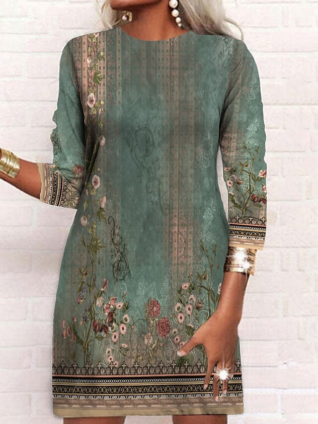 Women's Casual Dress Winter Dress Floral Print Crew Neck Mini Dress