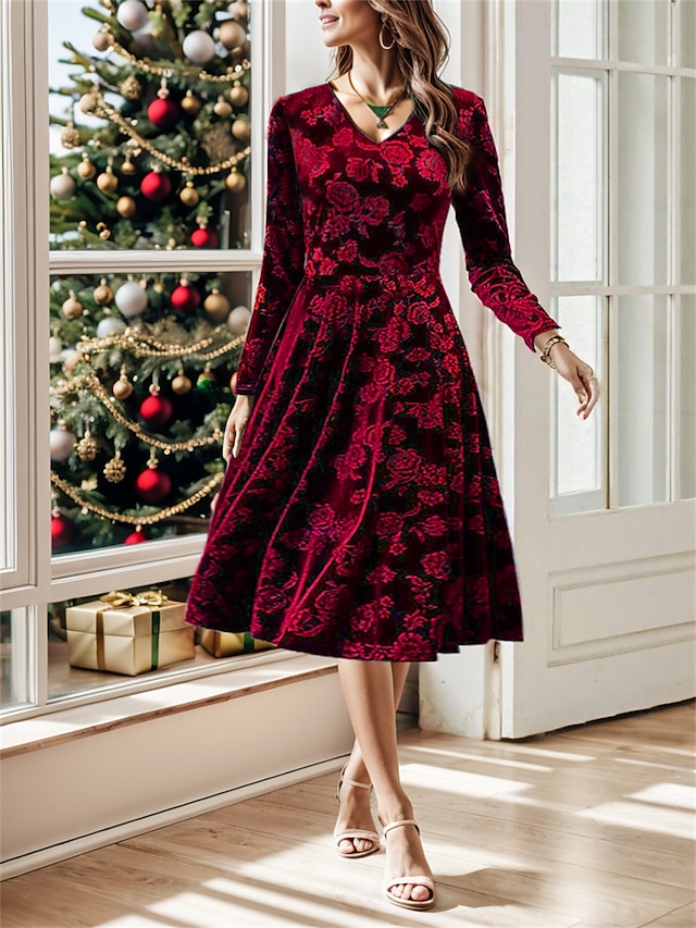  Damen velvet kleid abendkleider Cocktailkleid velvet Rüschen V Ausschnitt Langarm Weihnachten Geburtstag Rote Blau Frühling Winter