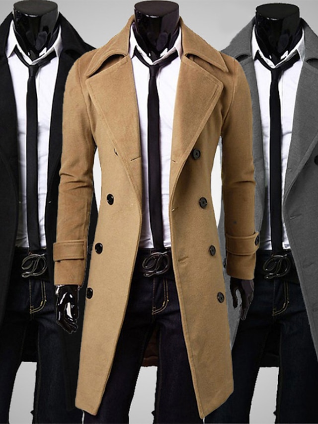  Men's Winter Coat Overcoat Peacoat Trench Coat Formal Business Winter Polyester Warm Outerwear Clothing Apparel Coats / Jackets Solid Color Vintage Style Notch lapel collar