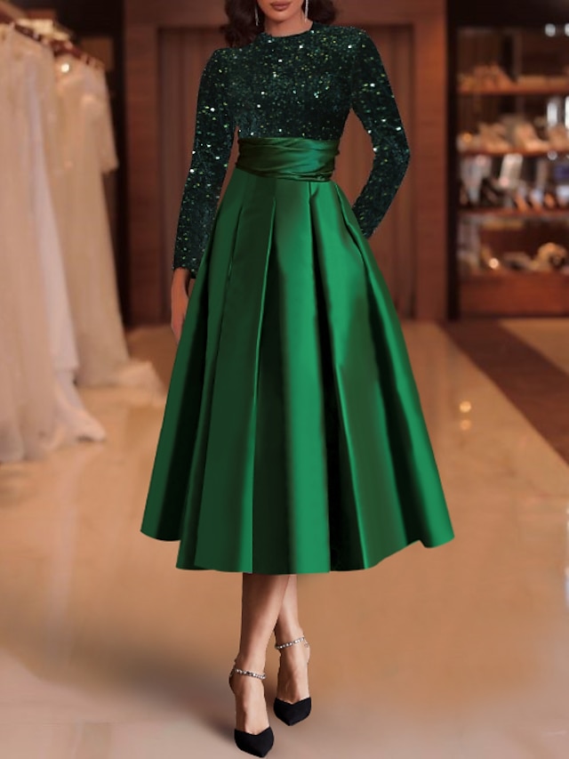  κοκτέιλ φορέματα σε γραμμή κομψό φόρεμα κόκκινο πράσινο φόρεμα γάμου καλεσμένων τσαγιού μακρυμάνικο λαιμόκοψη σατέν με πιέτες παγιέτα 2024