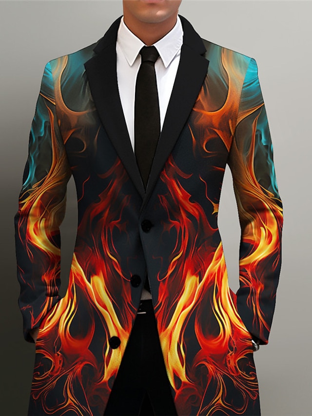  Flame Business Abstract Men's Coat Work Wear to work Going out Fall & Winter Turndown Long Sleeve Blue Orange Green S M L Polyester Weaving Jacket