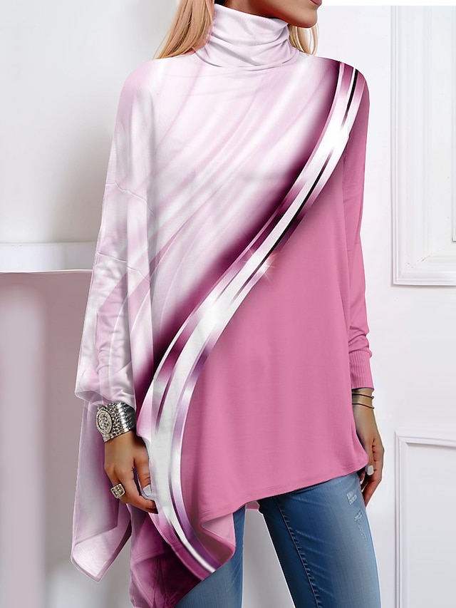  Women's Shirt Blouse Color Block Print Asymmetric Hem Casual Holiday Fashion Long Sleeve High Neck Pink Spring &  Fall