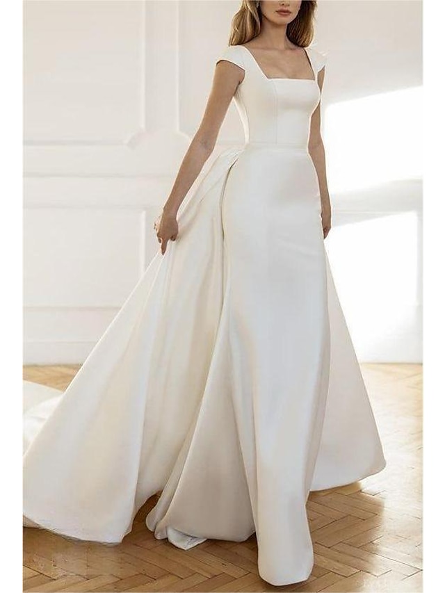  Beach Casual Formal Wedding Dresses Mermaid / Trumpet Square Neck Regular Straps Sweep / Brush Train Taffeta OverSkirts Bridal Gowns With Solid Color 2024