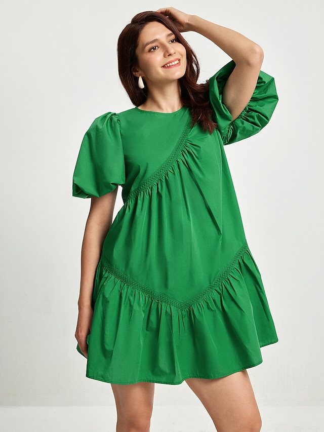  Vestido feminino de algodão na altura do joelho verde casual manga bufante gola redonda verão