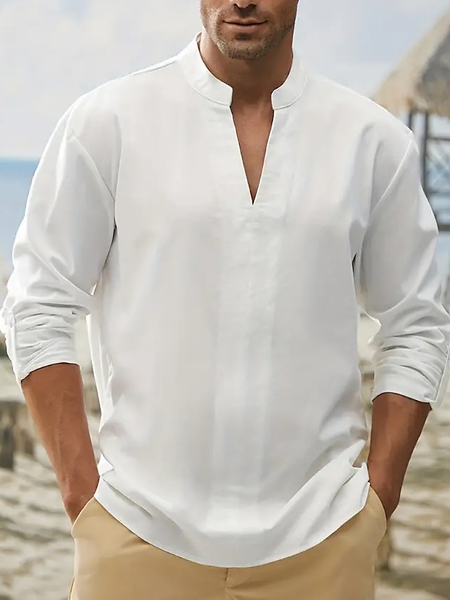  Men's Shirt Linen Shirt Cotton Linen Shirt White Cotton Shirt Chinese Collar Shirt Mandarin Collar Shirt Plain Vacation Casual White Long Sleeve V Neck Spring &  Fall Clothing Apparel