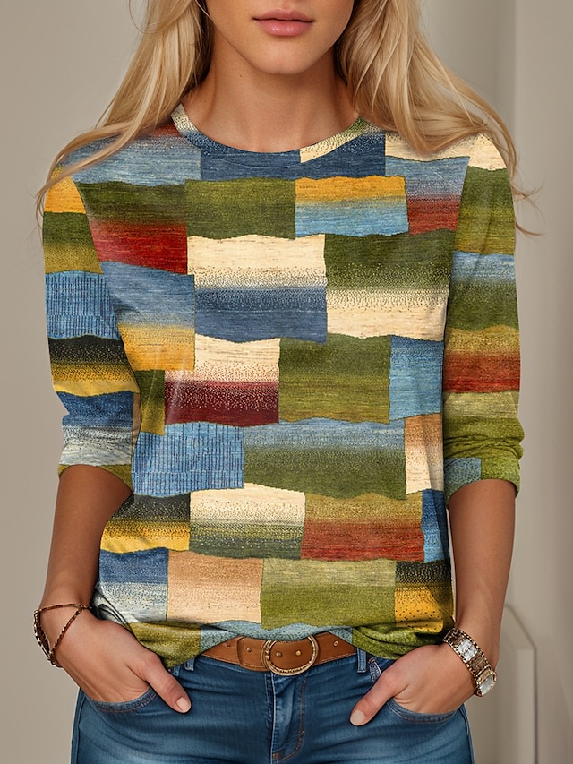 Women's T shirt Crew Neck Long Sleeve Tunic Floral Geometric Plaid Print Regular Tops Round Neck Daily Weekend Pink Green Spring & Fall 9