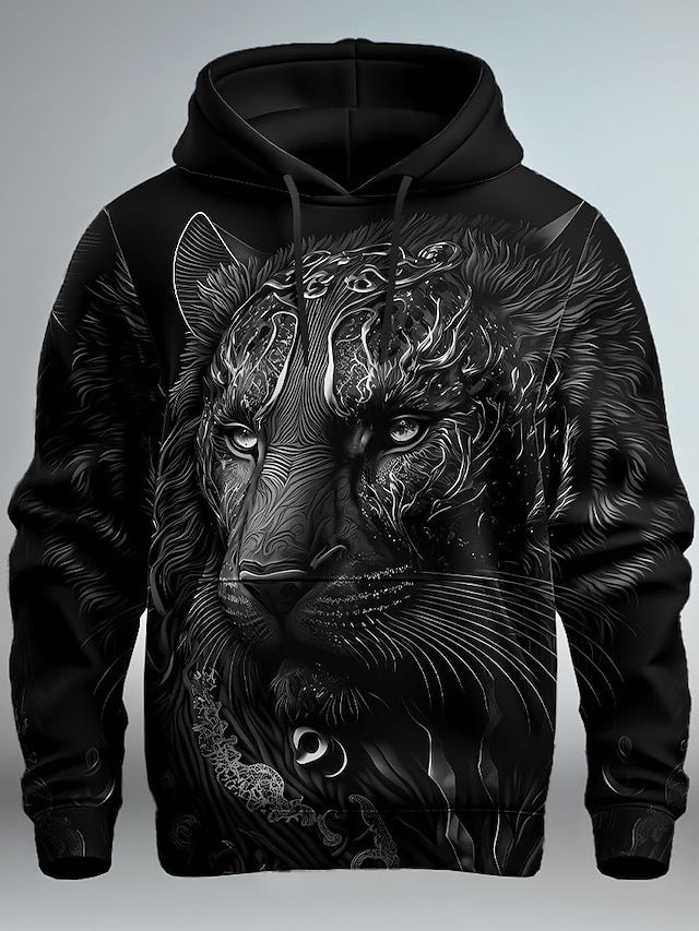  Herr Grafisk Lejon Huvtröja Huvtröjor Tröja Huvtröja Långärmad Huvtröja Huva Mode 3D-tryck Semester Utekväll Streetwear Svart Vit Mönster Framficka Vår & Höst Designer