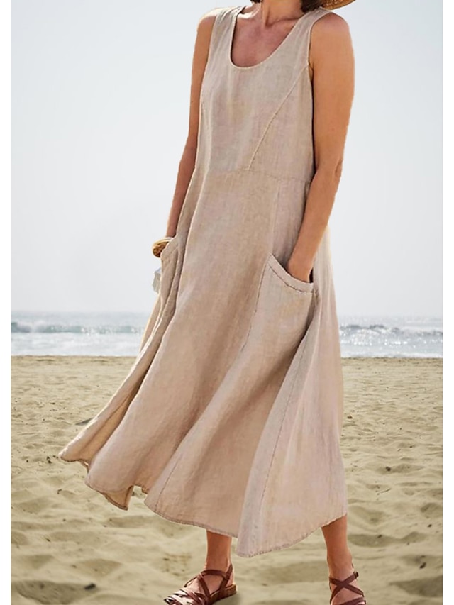  rochie lejeră damă rochie din bumbac rochie schimbătoare rochie midi albastru roz kaki fără mâneci culoare pură buzunar primăvară vară decolteu de bază vacanță de zi cu zi la sfârşit de săptămână potrivire lejeră 2023 s m l xl xxl