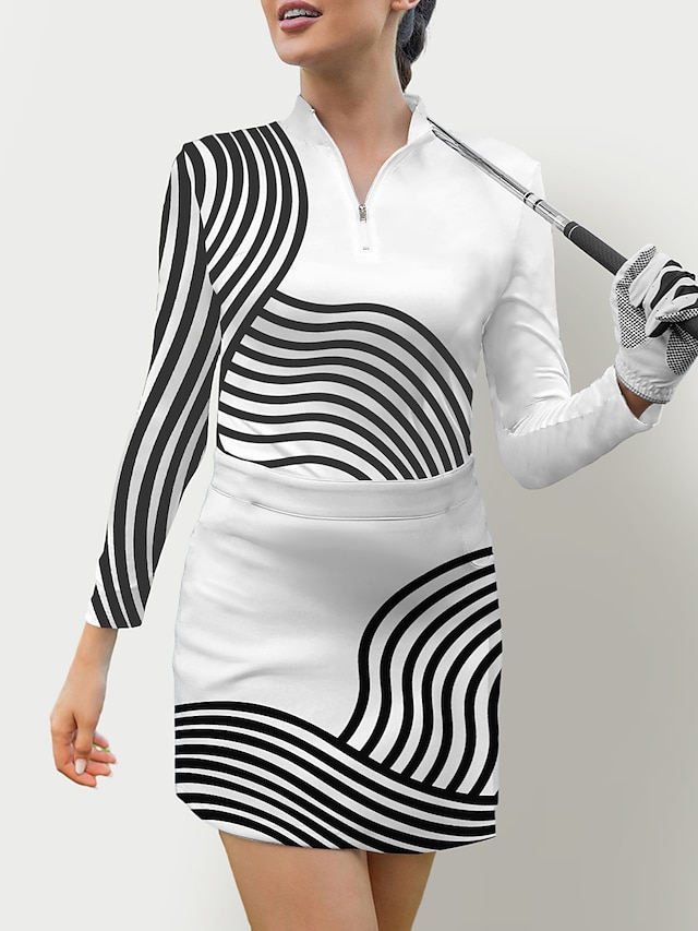  Per donna POLO Rosa Chiaro Bianco / Nero Manica lunga Protezione solare Superiore Strisce Autunno Inverno Abbigliamento da golf da donna Abbigliamento Abiti Abbigliamento