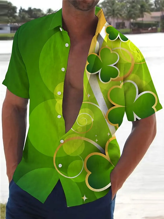  St.Patrick's Day Four Leaf Clover Casual Men's Shirt Daily Wear Going out Weekend Summer Turndown Short Sleeves Army Green, Mint Green, Dark Green S, M, L 4-Way Stretch Fabric Shirt St.
