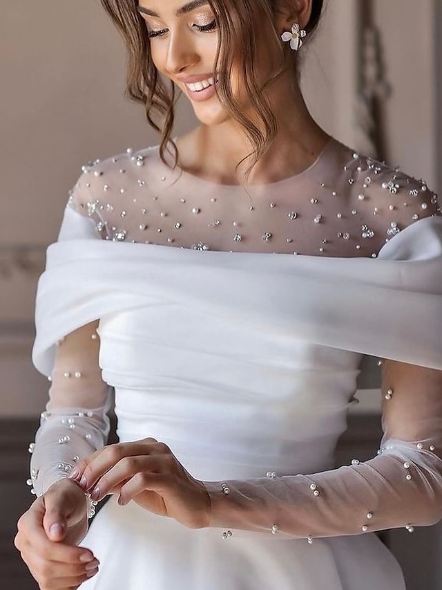  egyszerű menyasszonyi ruhák esküvői ruhák egy vonalú v nyakú, hosszú ujjú udvari vonat sifon menyasszonyi ruhák redőzéssel 2024