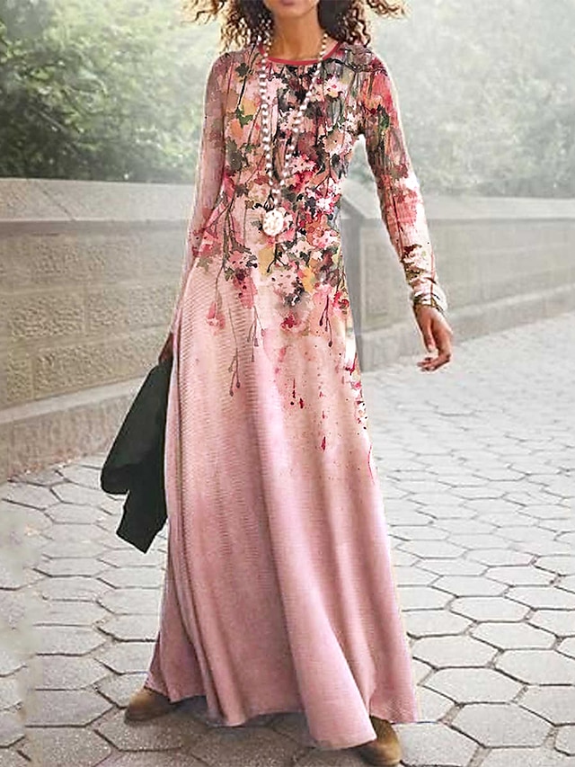  Γυναικεία Καθημερινό φόρεμα Φλοράλ Στάμπα Στρογγυλή Ψηλή Λαιμόκοψη Μακρύ φόρεμα Καθημερινά Ημερομηνία Μακρυμάνικο Άνοιξη Φθινόπωρο