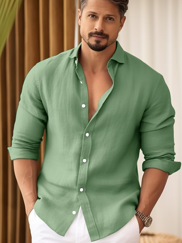  45% Linen Men's Shirt Linen Shirt Button Up Shirt Beach Shirt Black White Green Long Sleeve Plain Lapel Spring &  Fall Outdoor Daily Clothing Apparel