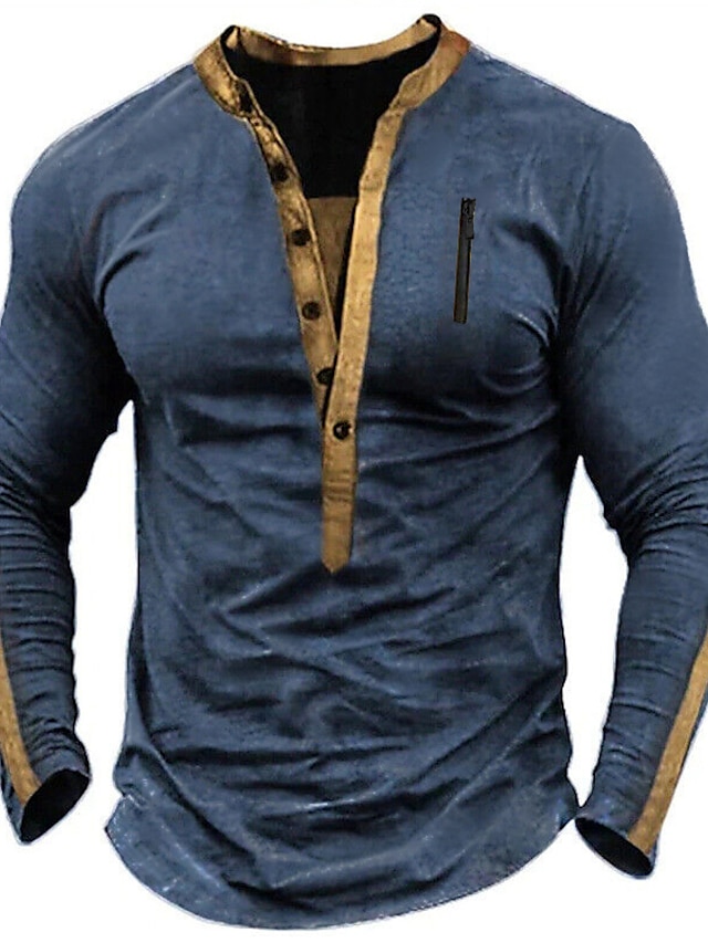  Męskie Koszula Henley Koszulka Równina Henley Ulica Urlop Długi rękaw Niejednolita całość Zamek Odzież Designerskie Zabytkowe Podstawowy