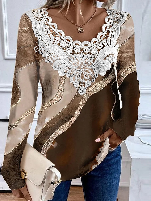  Camisa Blusa Feminina Tunic Moda Floral Renda Patchwork Estampa Mangas Longas Tops Regulares Decote Redondo Casual Rosa Marrom Verde Primavera e Outono