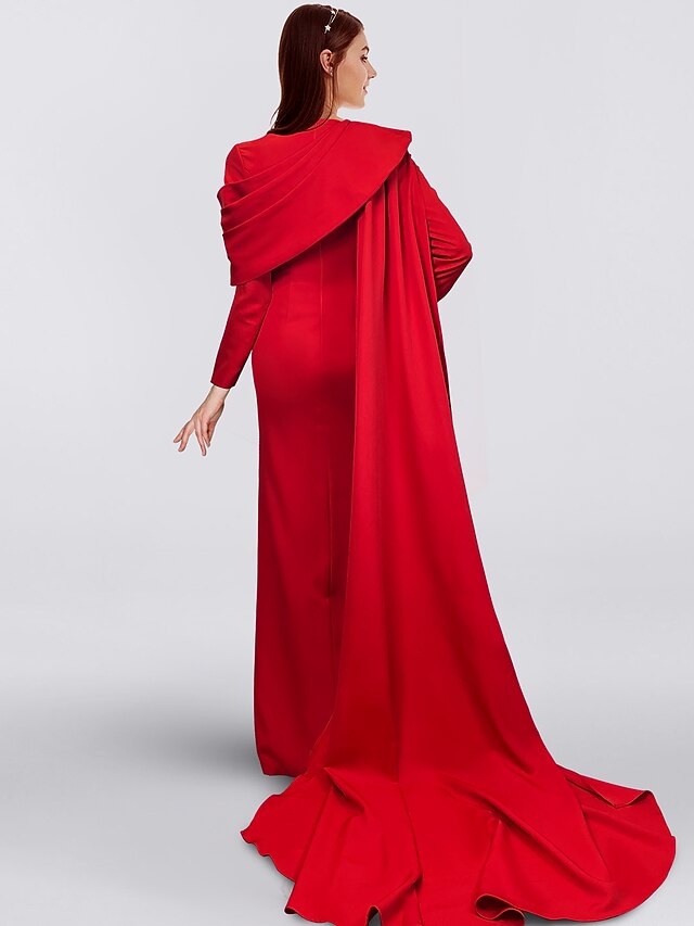 A-Line Evening Gown Elegant Dress Formal Sweep / Brush Train Christmas Red Green Dress Short Sleeve Off Shoulder Satin with Pleats Crystals