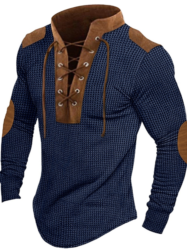  Per uomo maglietta T-shirt in maglia waffle T-shirt Maglia a maniche lunghe Color Block Con cappuccio Strada Da mare Manica lunga Lacci Collage Abbigliamento Di tendenza Originale Essenziale