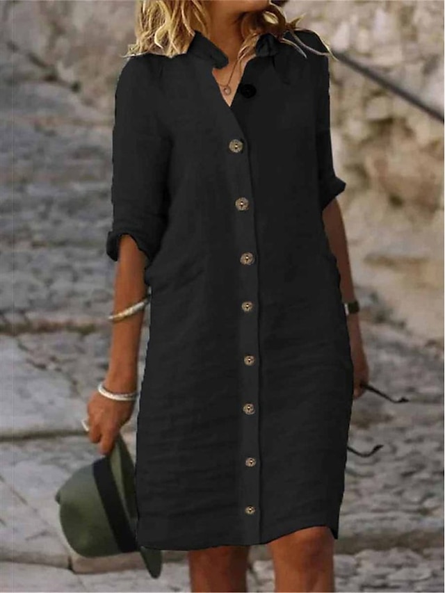 Femme robe noire Robe chemise Robe casual Mini robe Lin Bouton basique du quotidien Col de Chemise Manches 3/4 Eté Printemps Noir Blanche Plein