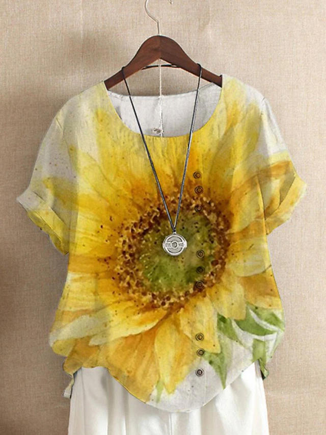 Women's T Shirt Sunflower Fashion Linen Like Short Sleeve Round Neck Regular Tops Holiday Weekend Buttons Print Yellow Summer2