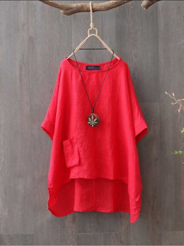  Women's Shirt Blouse Cotton Linen Shirts Plain Fashion Round Neck Casual Pocket Asymmetric Hem Army Green Red Blue Summer