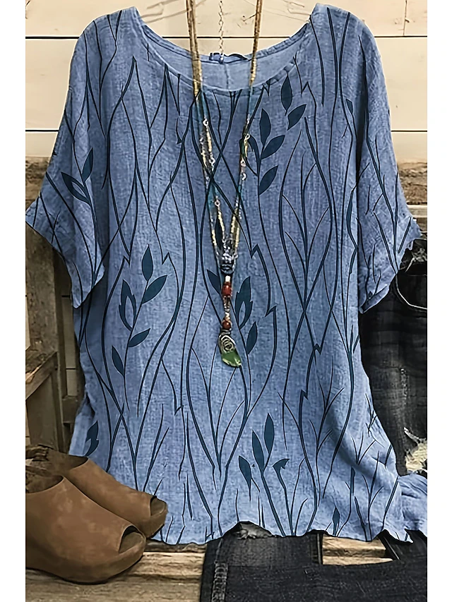 Women's Shirt Boho Shirt Blouse Fashion Print Short Sleeve Regular Tops Round Neck Casual Holiday Yellow Pink Blue Green Summer 5